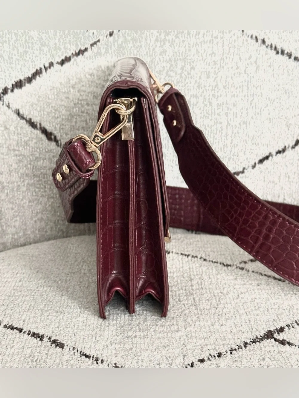 Madison West Croc-Embossed Wine Shoulder Bag with Gold Hardware